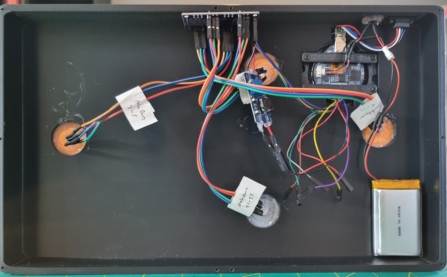 The inside of the enclosure showing everything glued in place, LEDs fitted into their holes, sticky labels on the wire bundles. Some spaghetti wiring is visible!