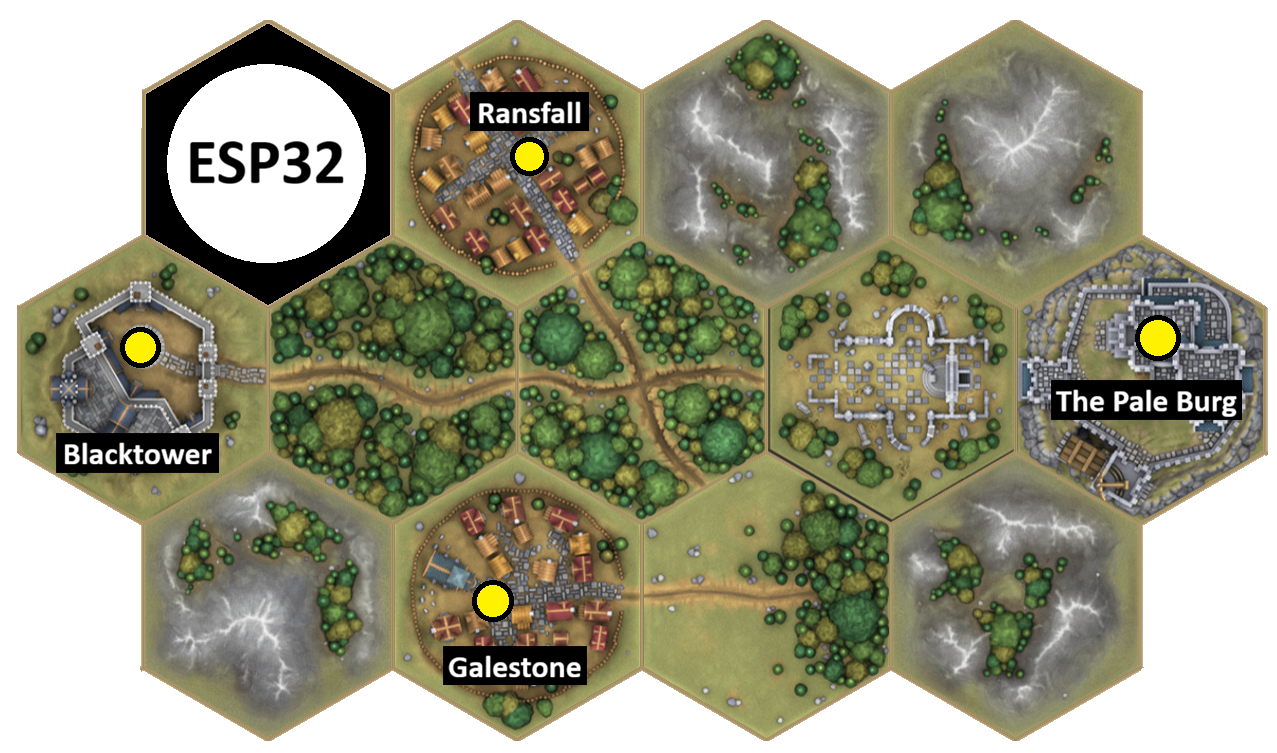 A screenshot of the Hexton Hills map builder showing a 4-5-4 hex layout. The ESP32 display hex sits in the top left, and the towns of Ransfall, Blacktower and Galestone, plus the Pale Burg fortress, are each marked with a yellow dot representing their LED.