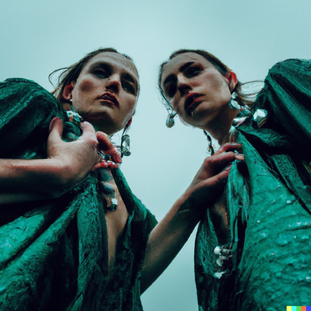 trunk shot of a pair of women wearing matching green robes and ornate jewelry in the rain, looking into the camera, low-angle shot, wide-angle, noir
