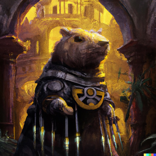 warhammer 40k art of a capybara wearing space marine power armour in a gothic temple