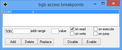 Screenshot of bgb debugger, setting access breakpoint