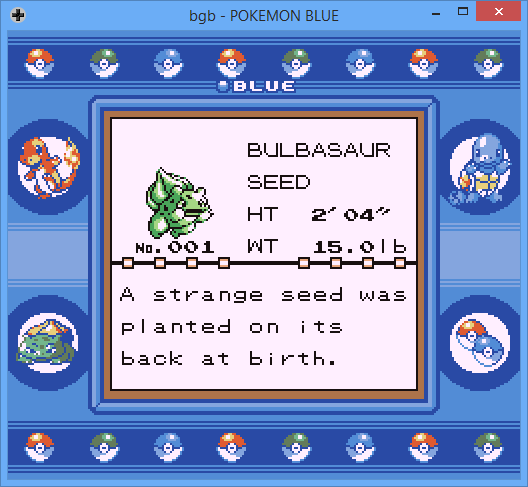 Screenshot of Pokémon Blue game, showing Bulbasaur entry in Pokédex
